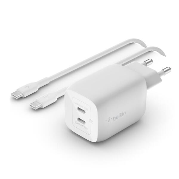 Зарядний пристрій Belkin 65Вт 2хUSB-С GAN PD PPS, КабельUSB-С > USB-C, 2м, белый
