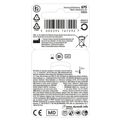 Батарейка Duracell HA 675 уп. 6 шт.