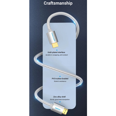 Кабель HDMI M - M, 3.0 м, V2.0, 4K 60Гц, обплетення, Silver Metal Type Vention