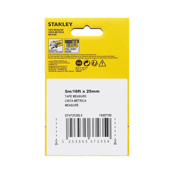 Рулетка вимірювальна CONTROL-LOCK довжиною 5 м/16, шириною 25 мм, в обгумованому корпусі, з подвійною шкалою STANLEY STHT37235-5