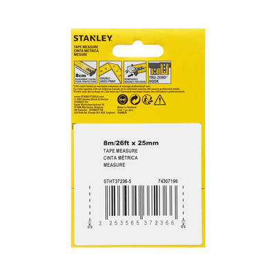 Рулетка вимірювальна CONTROL-LOCK довжиною 8 м/26, шириною 25 мм, в обгумованому корпусі, з подвійною шкалою STANLEY STHT37236-5
