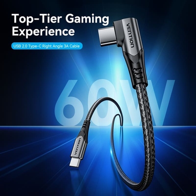Кабель USB 2.0 Type-C M-M, 0.5 м 60W (20V/3A) кут 90° Gray Aluminum Alloy Vention
