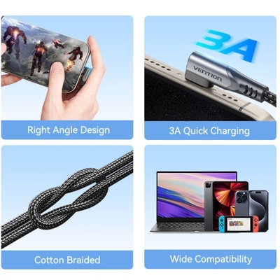 Кабель USB 2.0 Type-C M-M, 0.5 м 60W (20V/3A) кут 90° Gray Aluminum Alloy Vention