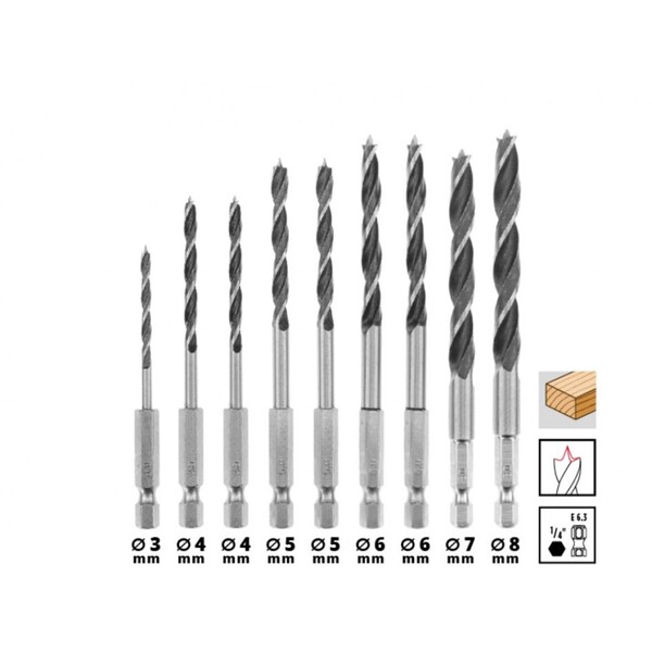 Набір свердел по дереву Einhell, 10шт, 3-8мм, кейс