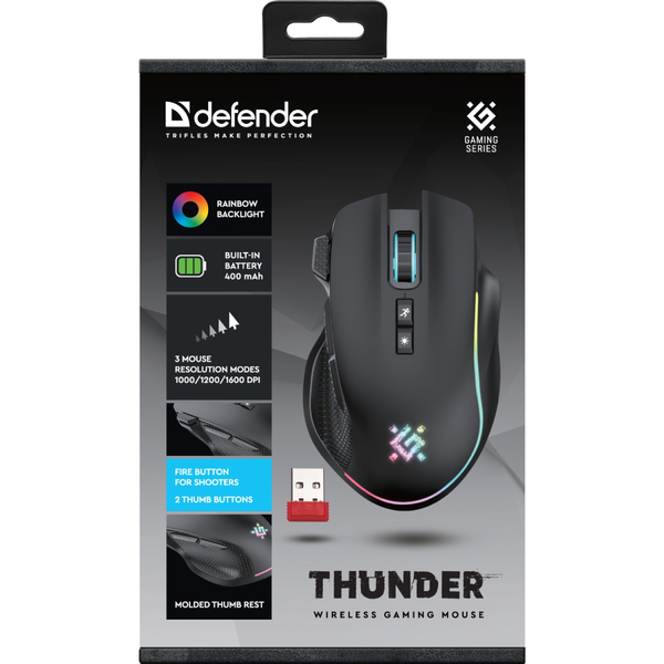Мишка Defender Thunder GM-213, бездротова, ігрова, 8кн., 1600 dpi., 400 mAh, чорна