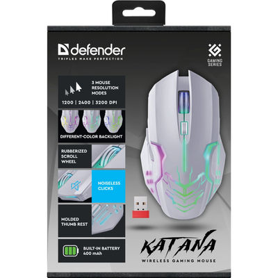Мишка Defender Katana GM-511, бездротова, ігрова, 6кн., 3200 dpi., 400 mAh, біла