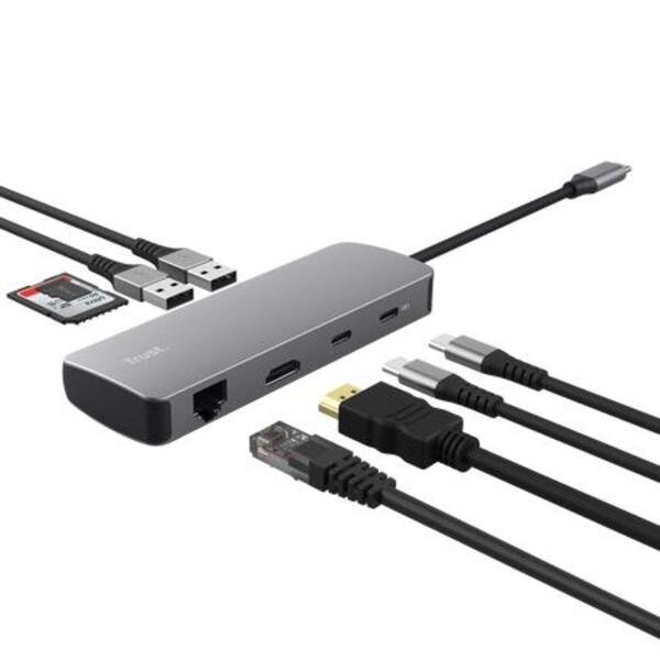 Адаптер Trust Dalyx  8in1 USB-C> 1xUSB-А 3.2/USB-A 2.0/2xUSB-С/HDMI/Ehernet/SD/microSD, Алюміній, 0.15м, Сірий