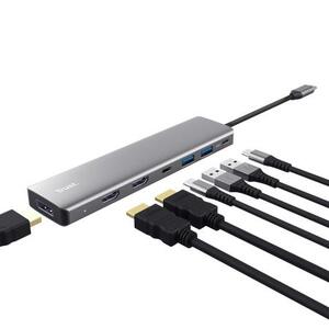 Адаптер Trust Dalyx 7in1 USB-C> 2xUSB-А 3.2/2xUSB-С/2xHDMI/Display Port, Алюміній, 0.16м, Сірий