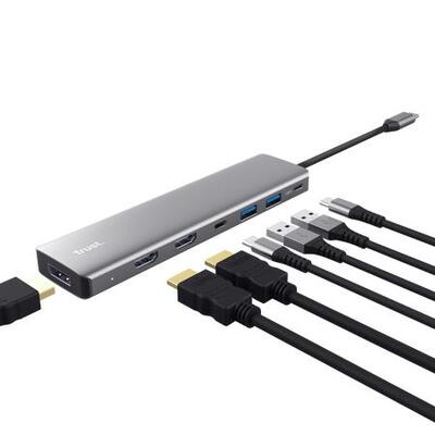Адаптер Trust Dalyx 7in1 USB-C> 2xUSB-А 3.2/2xUSB-С/2xHDMI/Display Port, Алюміній, 0.16м, Сірий