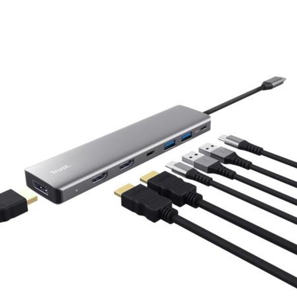 Адаптер Trust Dalyx 7in1 USB-C> 2xUSB-А 3.2/2xUSB-С/2xHDMI/Display Port, Алюміній, 0.16м, Сірий