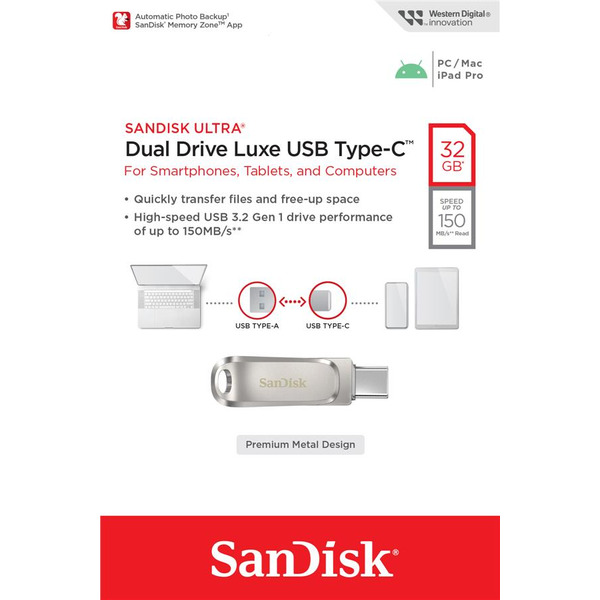 Накопичувач SanDisk   32GB USB 3.1 Type-A + Type-C Dual Drive Luxe Срібний