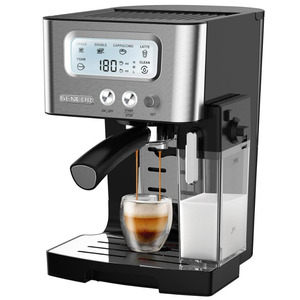 Кавоварка Sencor ріжкова 1.4л, мелена, автоматичний капучинатор, LCD-дисплей, нерж. сталь-чорний