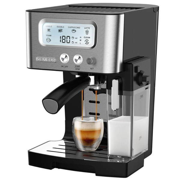 Кавоварка Sencor ріжкова 1.4л, мелена, автоматичний капучинатор, LCD-дисплей, нерж. сталь-чорний