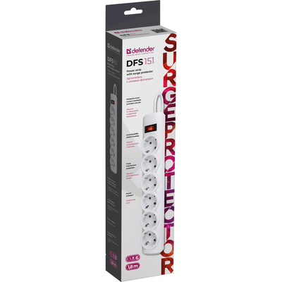 Power filtr 1.8м Defender DFS151, 6 розеток, білий