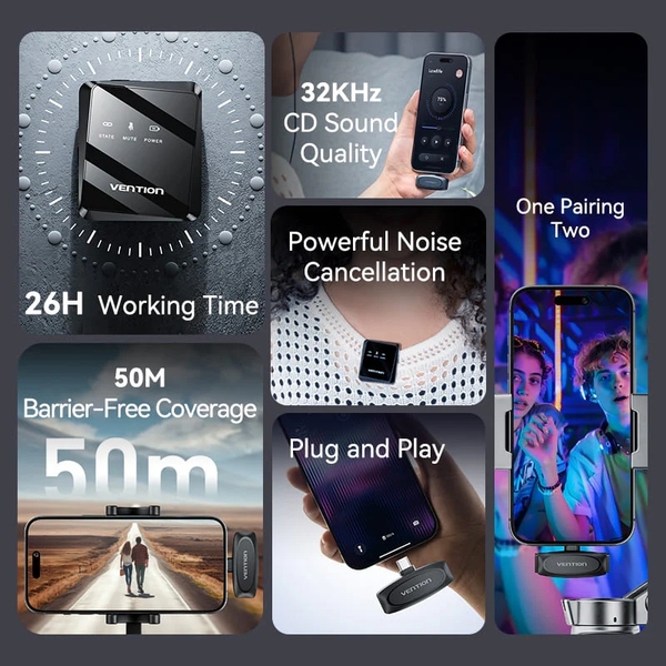 Мікрофонна радіосистема для смартфона Vention USB-C 2-Pack Wireless Lavalier Black (NCBB0)