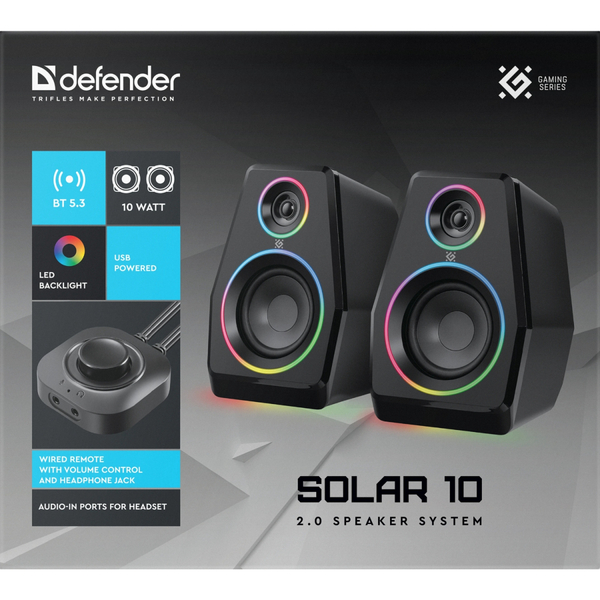 Компьютерные колонки 2.0 Defender Solar 10, 10Вт, Bluetooth, RGB подсветка, USB, черная