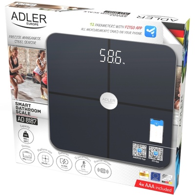 Ваги напольні Adler AD 8187 black електронні/ Smart/ 180кг/ 4хААА/ автовимкнення/ чорні