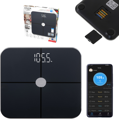 Ваги напольні Adler AD 8187 black електронні/ Smart/ 180кг/ 4хААА/ автовимкнення/ чорні