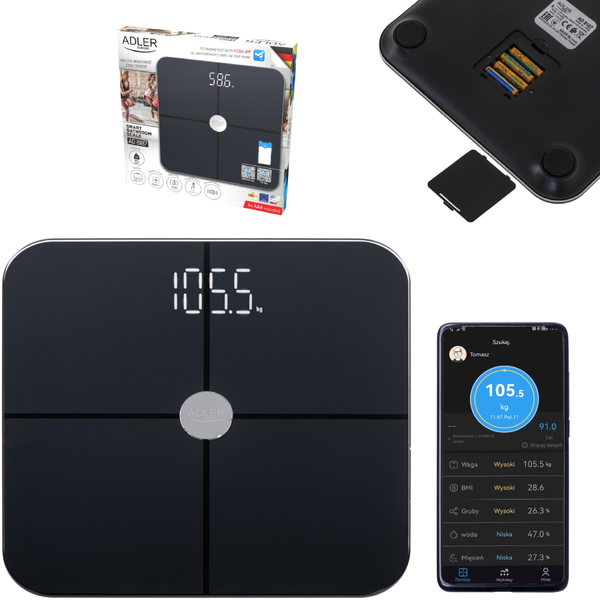Ваги напольні Adler AD 8187 black електронні/ Smart/ 180кг/ 4хААА/ автовимкнення/ чорні