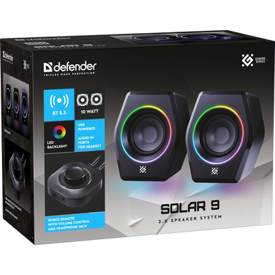 Акустична система 2.0 Defender Solar 9, 10Вт, Bluetooth, RGB підсвітка, USB, чорна