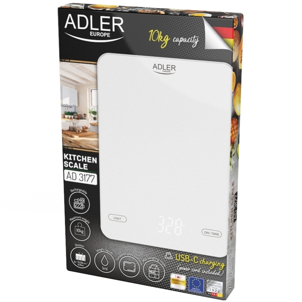 Ваги кухонні Adler AD 3177 white електронні/ 10кг/ г; мл, унція/ USB type C/ автовимкнення/ скло