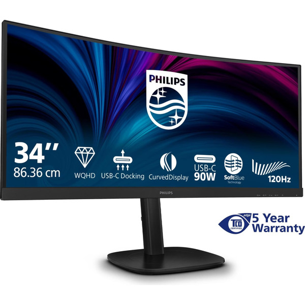 TFT 34 Philips 34B2U3600C, WQHD, VA, 120Гц, вигн., HDMI, DP, USB-C, RJ-45, USB-hub, HAS, чорний