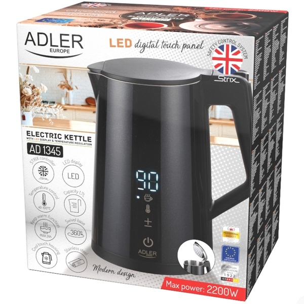 Електрочайник Adler AD 1345 black 1850-2200Вт/ 1.7л/ STRIX/ встановлення температури/