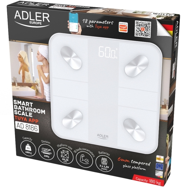 Ваги напольні Adler AD 8186 white електронні/ Smart/ 180кг/ 3хААА/ автовимкнення/ білі