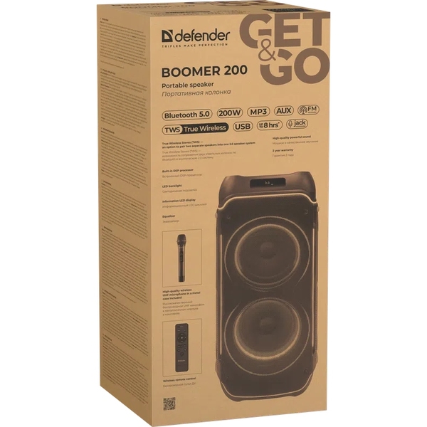 Портативна колонка 2.0 Defender Boomer 200, 200Вт BT/FM/TF/USB/MIC/AUX/GT, чорна