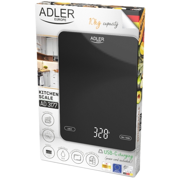 Ваги кухонні Adler AD 3177 black електронні/ 10кг/ г; мл, унція/ USB type C/ автовимкнення/ скло