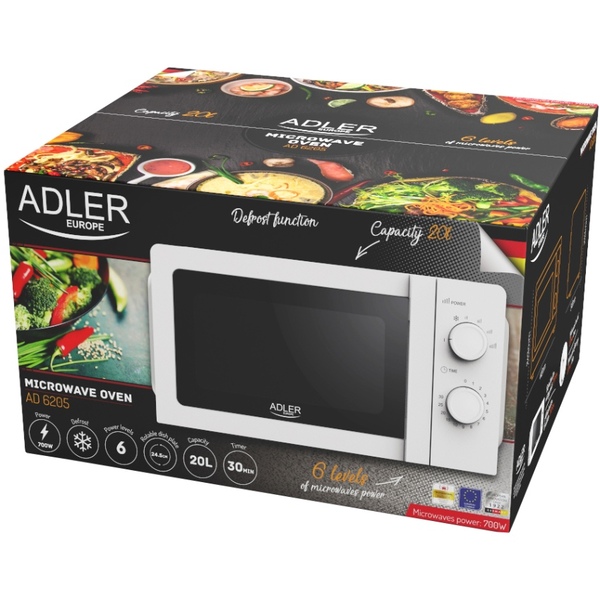 Мікрохвильова піч Adler AD 6205 20л/ 700Вт/ мех.керув./ відкр.ручкою/ біла