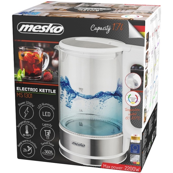 Електрочайник Mesko MS 1301 white 1850-2200Вт/ 1.7л/ скло/ встановлення температури