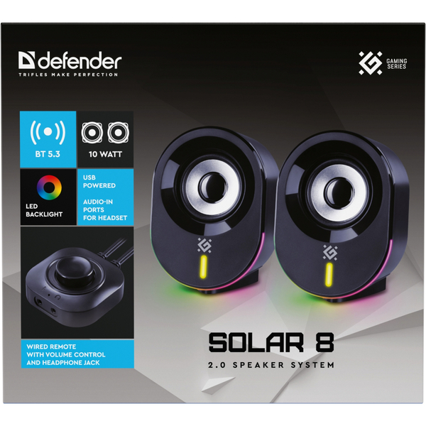 Компьютерные колонки 2.0 Defender Solar 8, 10Вт, Bluetooth, RGB подсветка, USB, черная