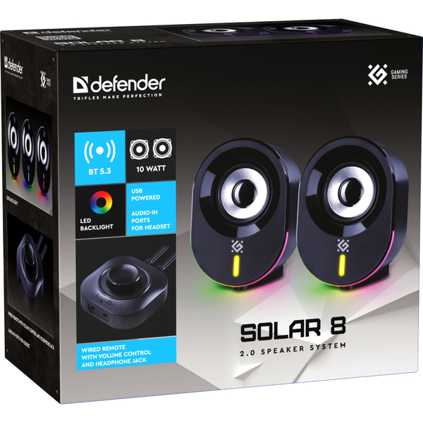 Компьютерные колонки 2.0 Defender Solar 8, 10Вт, Bluetooth, RGB подсветка, USB, черная