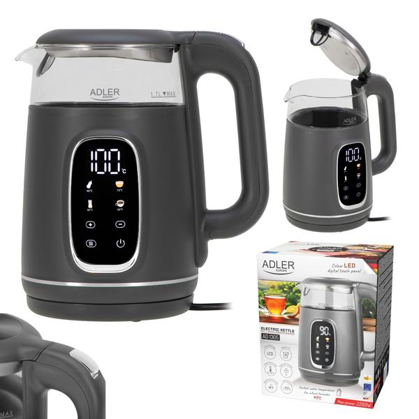 Електрочайник Adler AD 1305 grey 1850-2200Вт/ 1.7л/ скло/ встановлення температури/