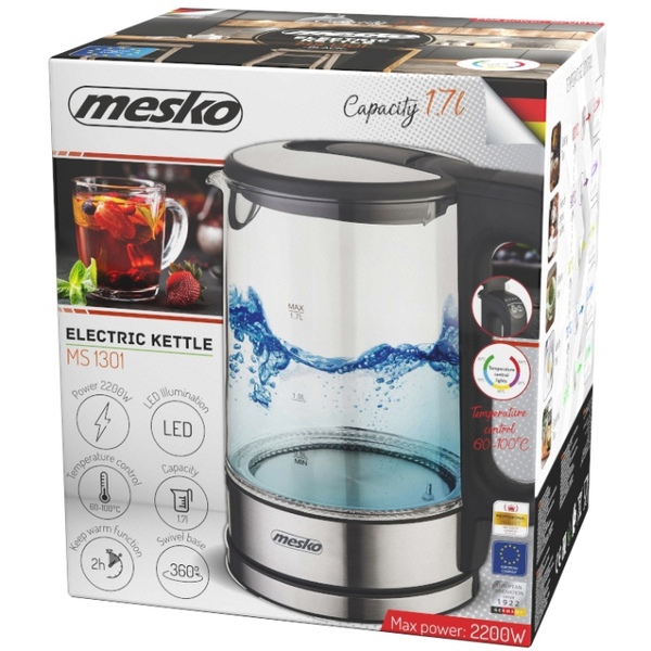 Електрочайник Mesko MS 1301 black 1850-2200Вт/ 1.7л/ скло/ встановлення температури