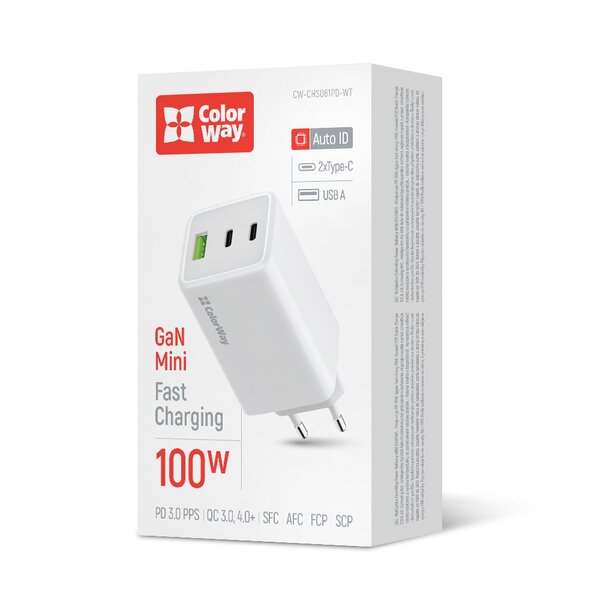Сетевое зарядное устройство ColorWay GaN Mini 100W PD Port PPS USB (USB-2C1A) White (CW-CHS061PD-WT)