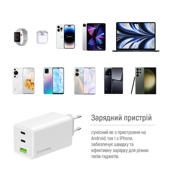 Сетевое зарядное устройство ColorWay GaN Mini 100W PD Port PPS USB (USB-2C1A) White (CW-CHS061PD-WT)