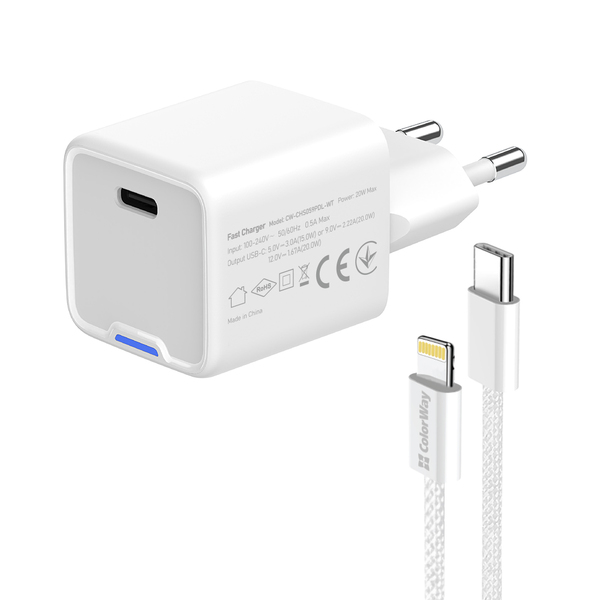Сетевое зарядное устройство ColorWay GaN Mini 20W PD Port PPS USB-C White (CW-CHS059PD-WT) + кабель Lightning