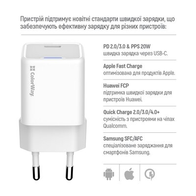 Сетевое зарядное устройство ColorWay GaN Mini 20W PD Port PPS USB-C White (CW-CHS059PD-WT) + кабель Lightning