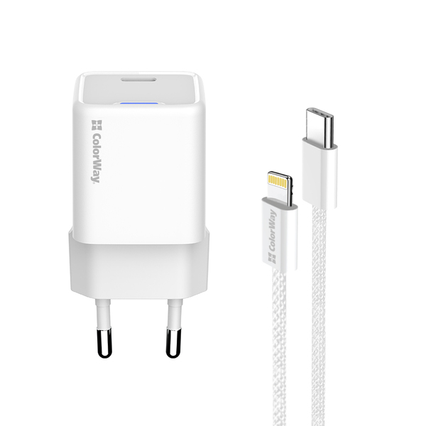 Сетевое зарядное устройство ColorWay GaN Mini 20W PD Port PPS USB-C White (CW-CHS059PD-WT) + кабель Lightning