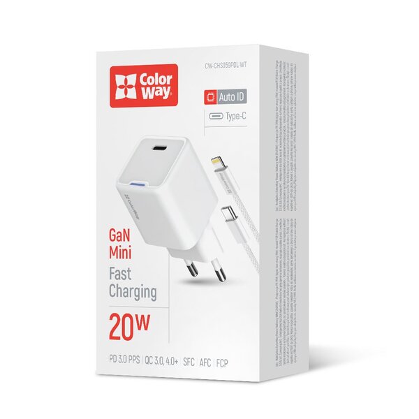 Сетевое зарядное устройство ColorWay GaN Mini 20W PD Port PPS USB-C White (CW-CHS059PD-WT) + кабель Lightning