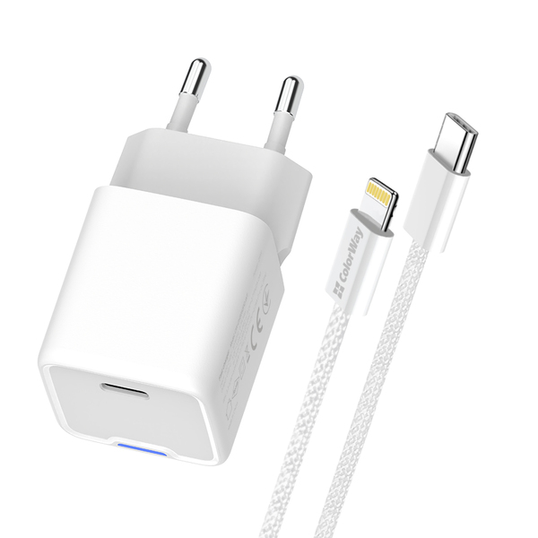 Сетевое зарядное устройство ColorWay GaN Mini 20W PD Port PPS USB-C White (CW-CHS059PD-WT) + кабель Lightning