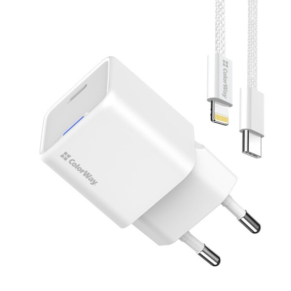 Сетевое зарядное устройство ColorWay GaN Mini 20W PD Port PPS USB-C White (CW-CHS059PD-WT) + кабель Lightning