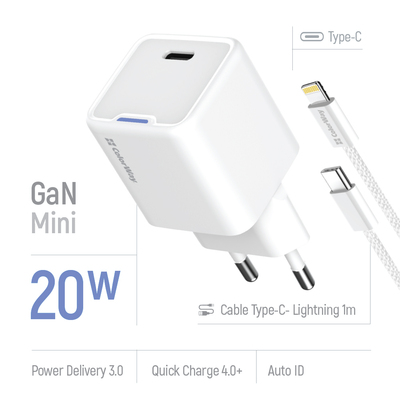Сетевое зарядное устройство ColorWay GaN Mini 20W PD Port PPS USB-C White (CW-CHS059PD-WT) + кабель Lightning