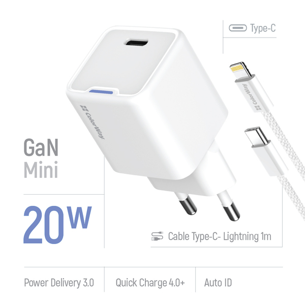 Сетевое зарядное устройство ColorWay GaN Mini 20W PD Port PPS USB-C White (CW-CHS059PD-WT) + кабель Lightning