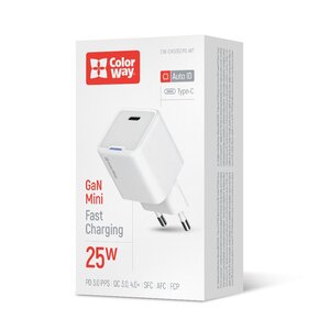Сетевое зарядное устройство ColorWay GaN Mini 25W PD Port PPS USB-C White (CW-CHS052PD-WT)