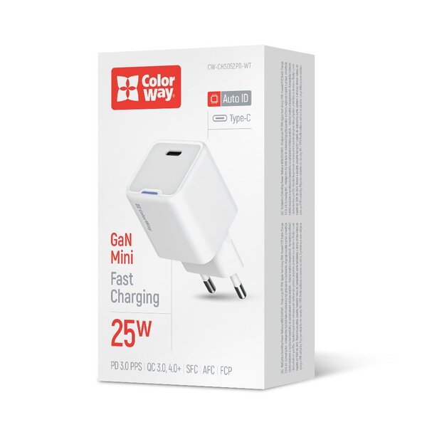 Сетевое зарядное устройство ColorWay GaN Mini 25W PD Port PPS USB-C White (CW-CHS052PD-WT)