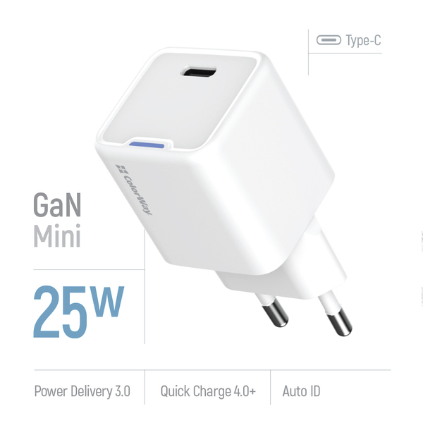 Сетевое зарядное устройство ColorWay GaN Mini 25W PD Port PPS USB-C White (CW-CHS052PD-WT)