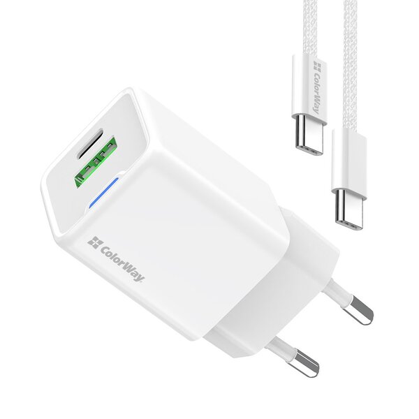 Сетевое зарядное устройство ColorWay GaN Mini 30W PD Port PPS USB (Type-C PD + USB QC4.0) White (CW-CHS053PDC-WT) + кабель USB Type-C
